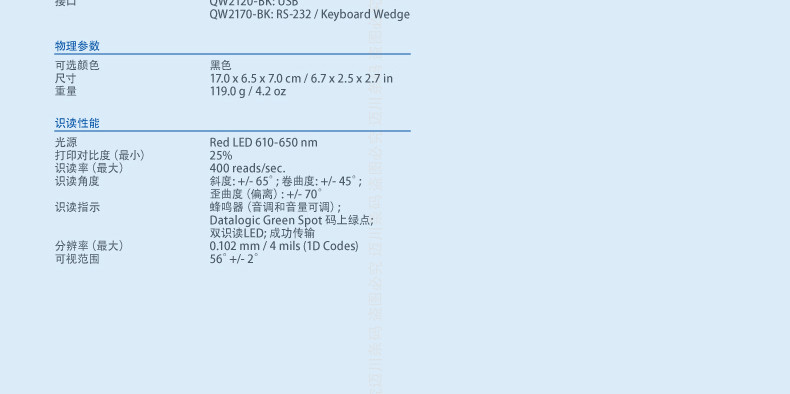 Datalogic QW2100 条码扫描枪具体参数
